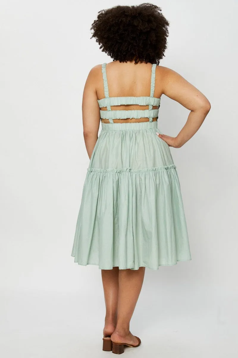 Classic silhouette dress Green Midi Dress Square Neck Sleeveless
