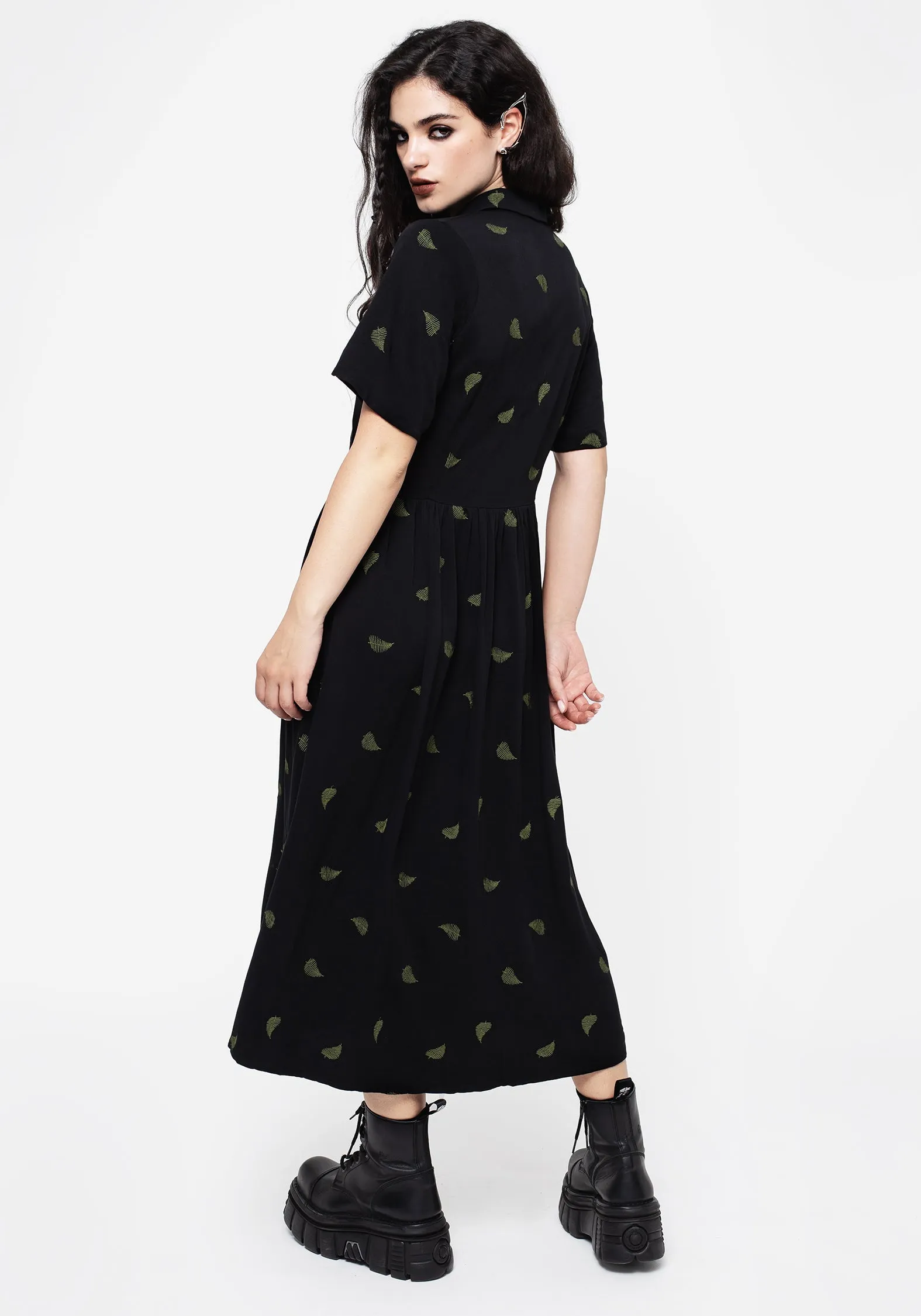 Osmunda Fern Embroidered Midi Shirt Dress Pack Friendly