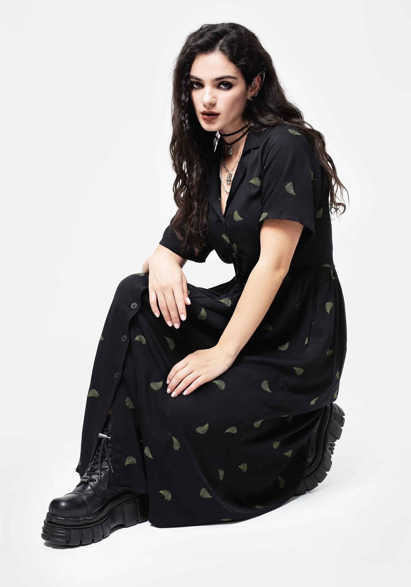 Osmunda Fern Embroidered Midi Shirt Dress Work Smart