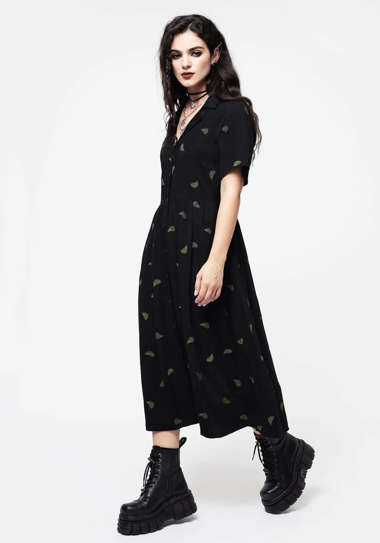 Osmunda Fern Embroidered Midi Shirt Dress Chic Style