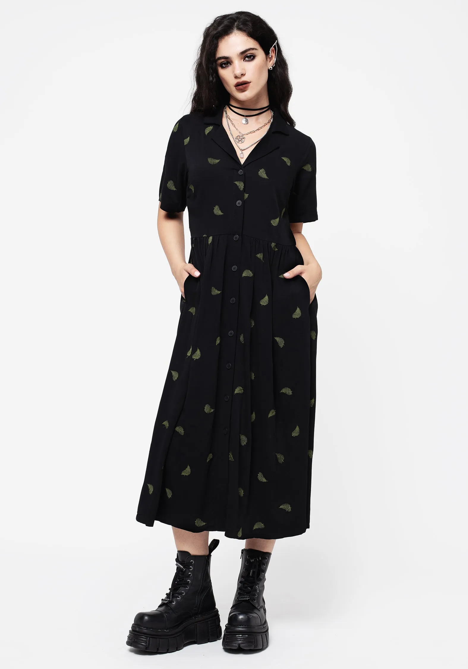 Osmunda Fern Embroidered Midi Shirt Dress Modern Grace