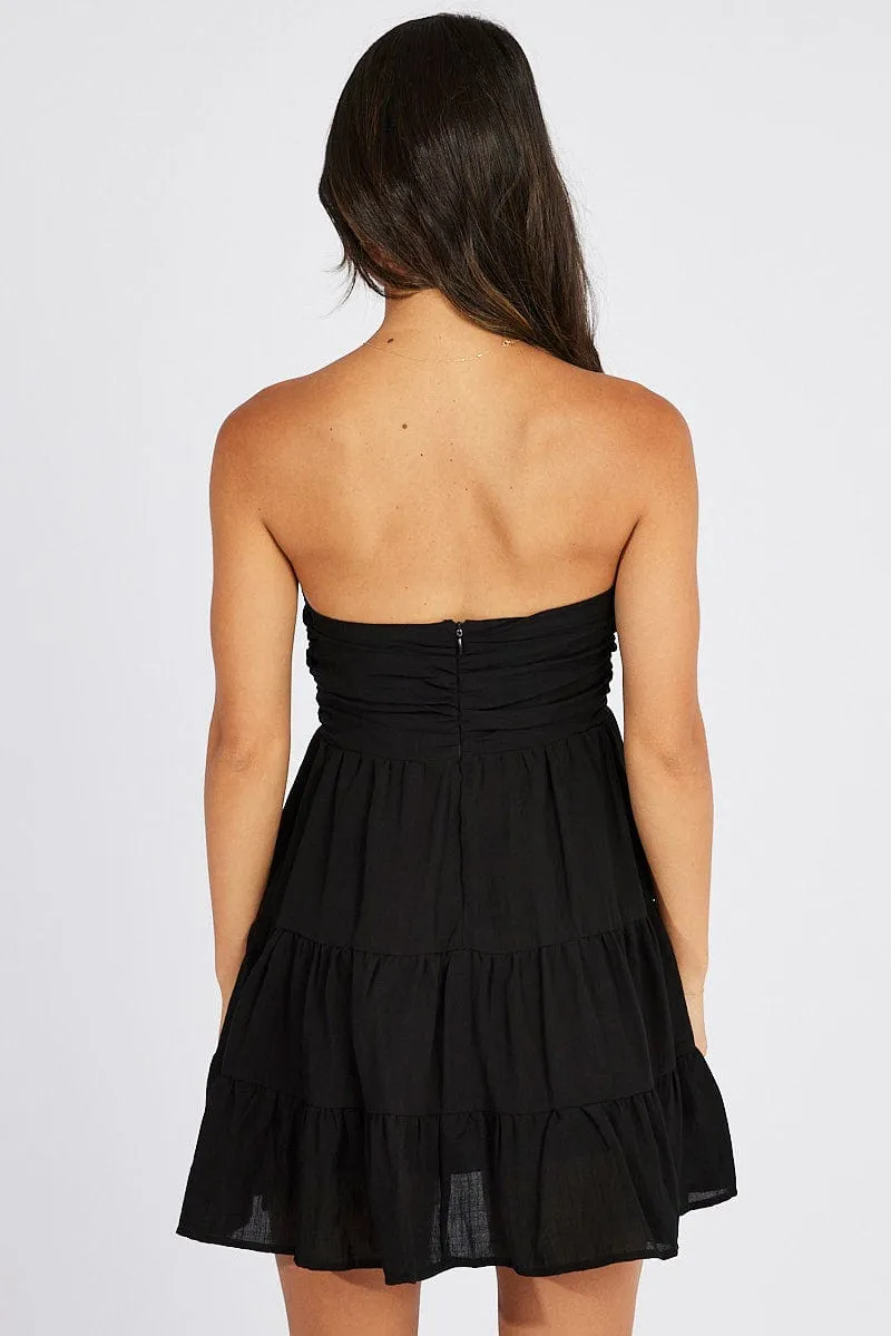 Fun Twist Adjustable Shoulder Straps Black Fit And Flare Dress Mini