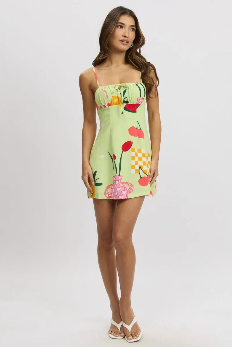 Loud Edge Fun Beat Green Abstract Mini Dress Ruched Bust