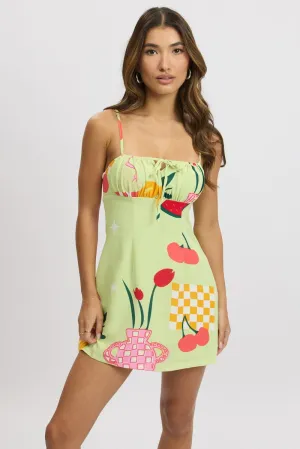 Green Abstract Mini Dress Ruched Bust All Day Comfort
