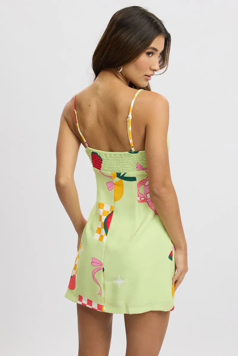 Sleek Fit Green Abstract Mini Dress Ruched Bust