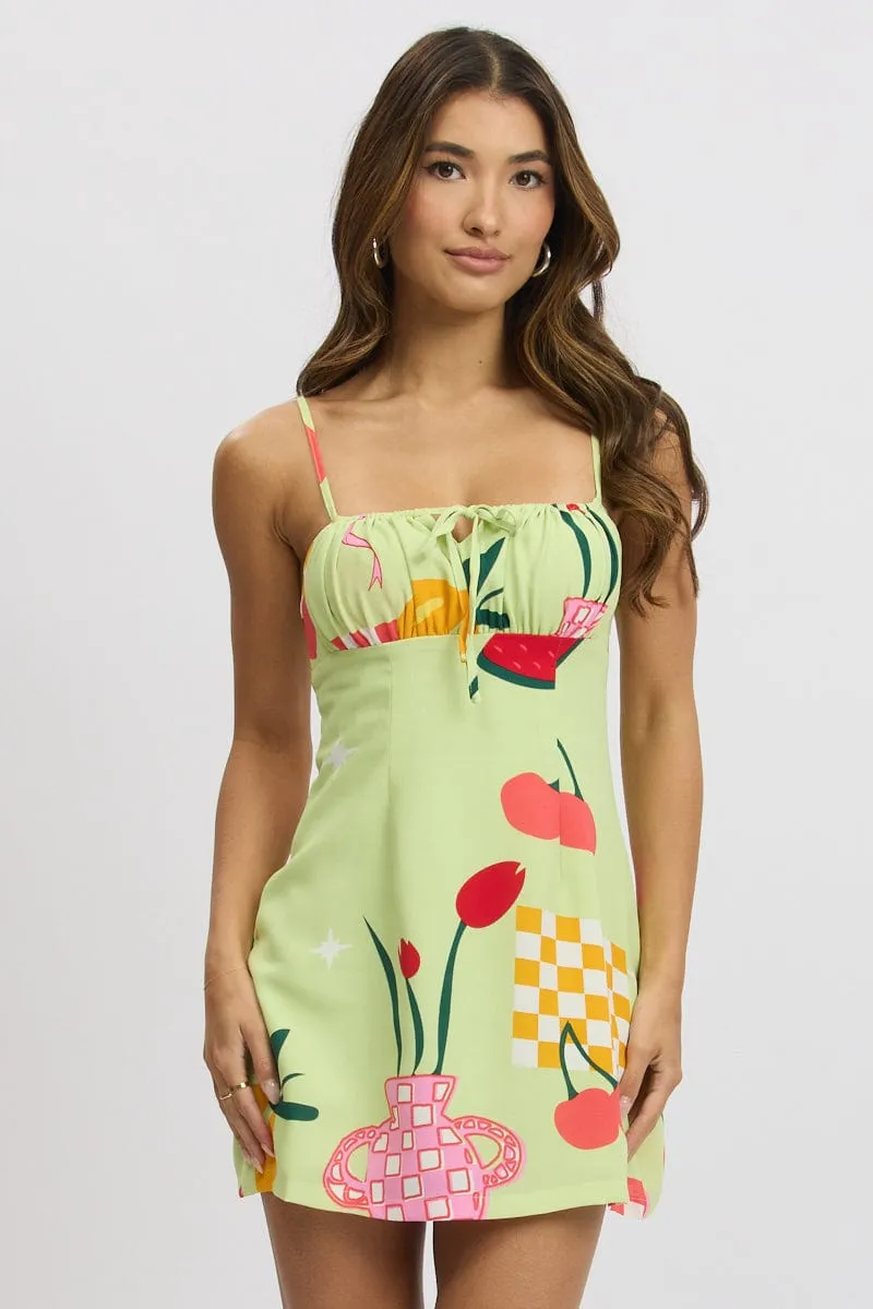 Casual stylish short dress Green Abstract Mini Dress Ruched Bust