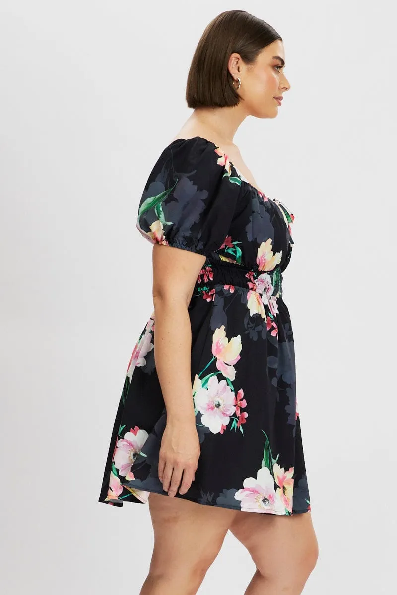Black Floral Peephole Tie Front Mini Dress Charming Prints