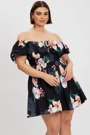 Black Floral Peephole Tie Front Mini Dress Moisture Wicking Technology