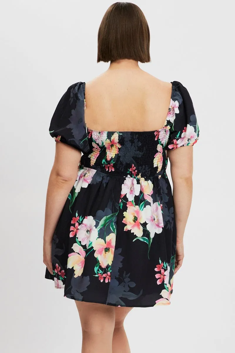 Elegant short silhouette Black Floral Peephole Tie Front Mini Dress