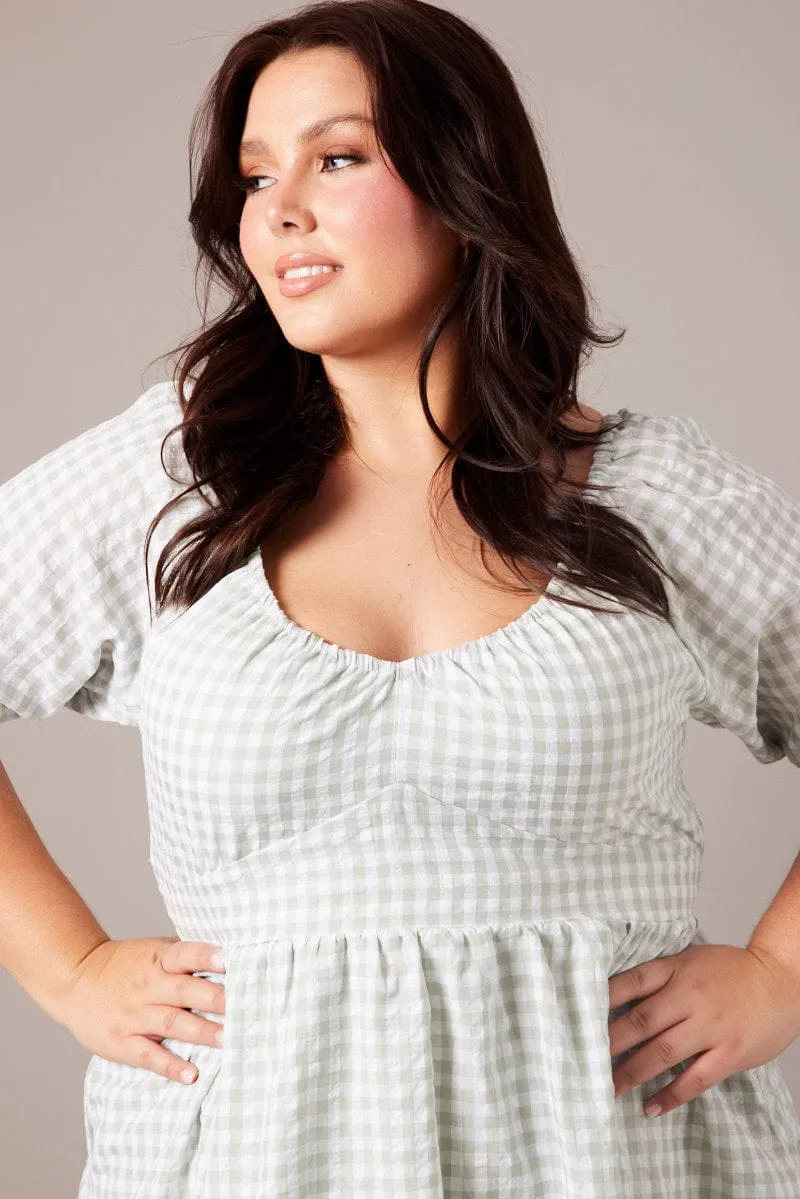 Green Check Tiered Mini Dress Shirred Back With Pockets High Breathability