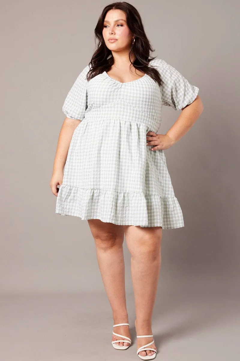 Bold Silhouette Green Check Tiered Mini Dress Shirred Back With Pockets