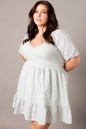 Green Check Tiered Mini Dress Shirred Back With Pockets Modern Edge Playful fabric mini dress