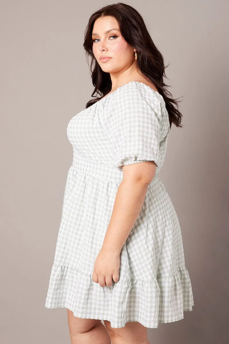 Odor Resistant Green Check Tiered Mini Dress Shirred Back With Pockets
