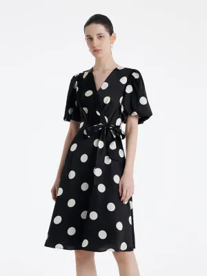 Acetate Polka Dots Print Women Mini Dress With Belt Flattering Style