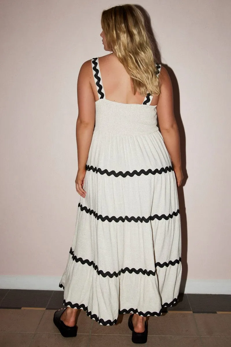 spring fresh Feminine Design Beige Midi Dress Sleeveless Ric Rac Tiered Linen Blend