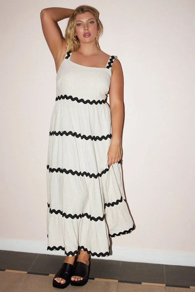 Beige Midi Dress Sleeveless Ric Rac Tiered Linen Blend Bold Dresser