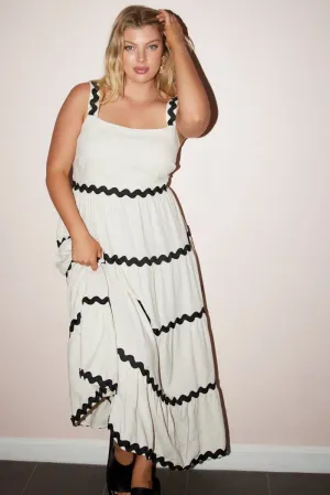 Trendy Appearance Beige Midi Dress Sleeveless Ric Rac Tiered Linen Blend
