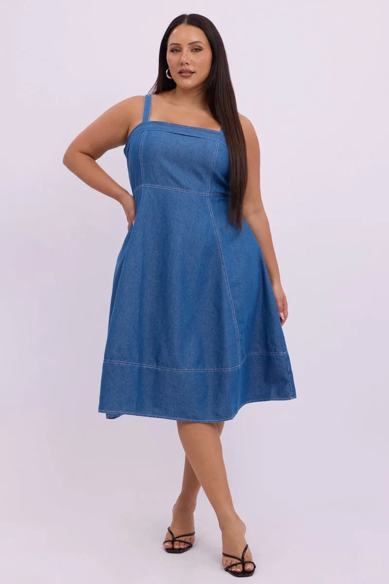 Denim Midi Dress Sleeveless Denim Romantic casual midi Elegant semi-formal gown