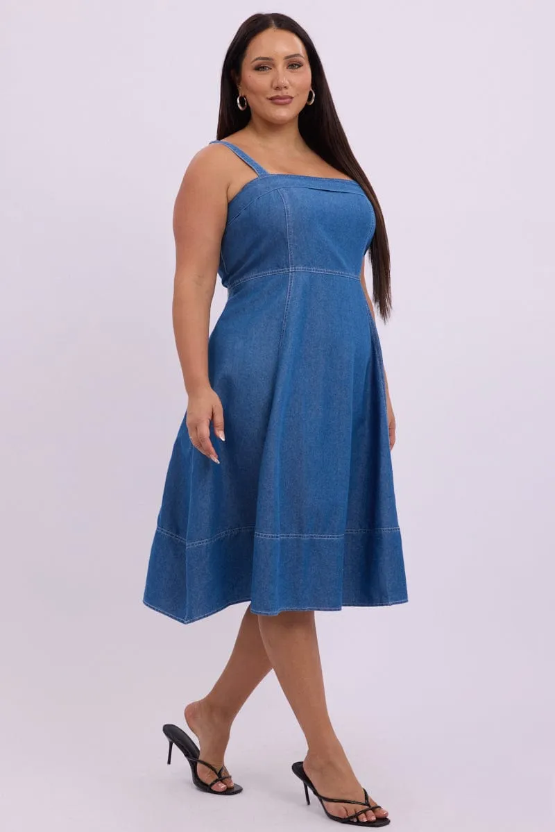 Retro Fan Denim Midi Dress Sleeveless Denim