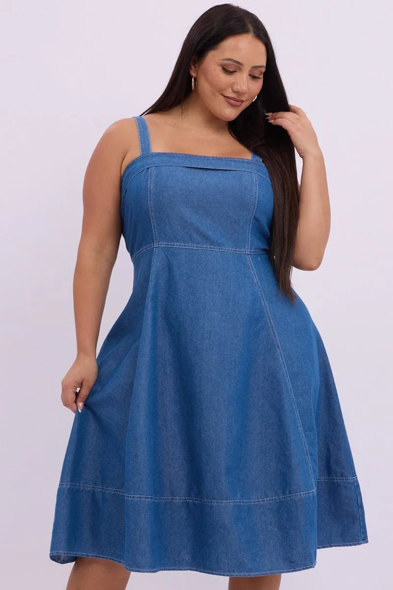 Modern Feminine Chic Style Denim Midi Dress Sleeveless Denim