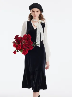Lace Patchwork Velvet Women Midi Dress Comfortable daytime dress