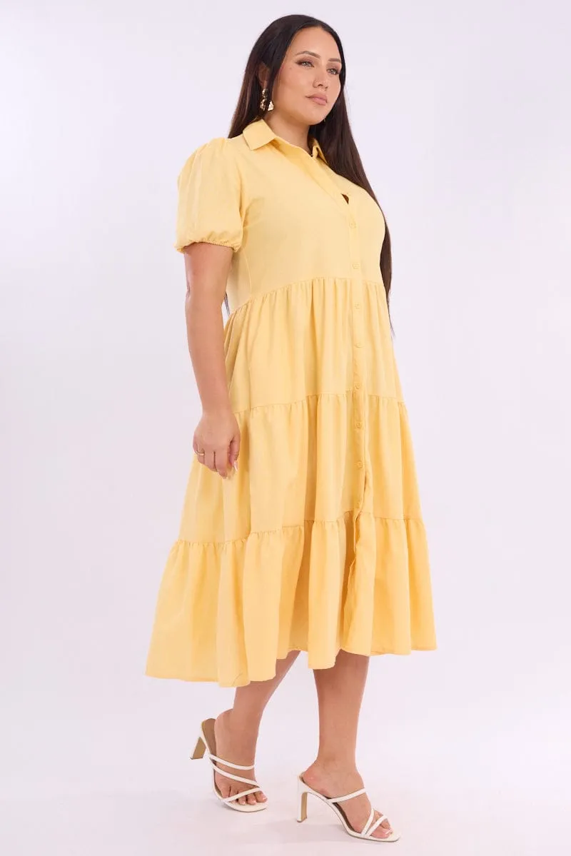 Yellow Midi Dress Short Sleeve Shirt Classic Smart