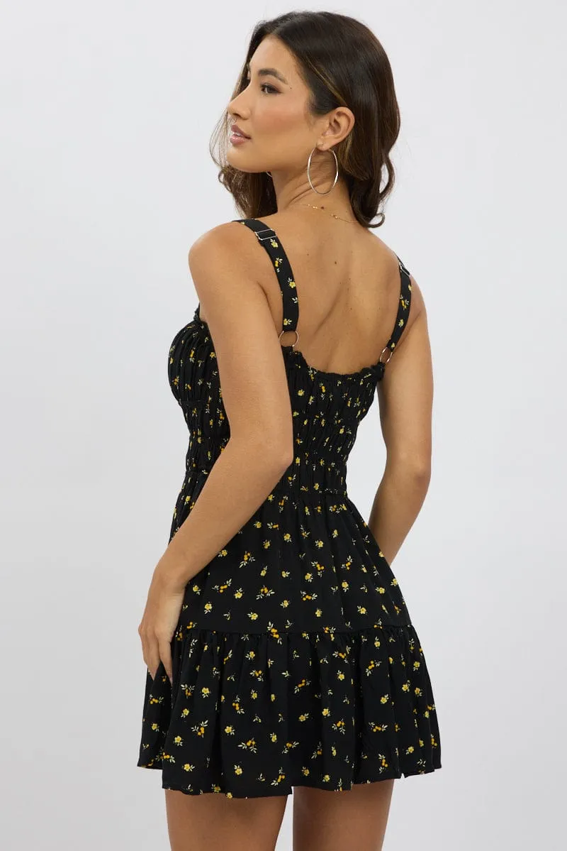 Black Ditsy Fit And Flare Dress Mini Fresh Vibe Lightweight Material