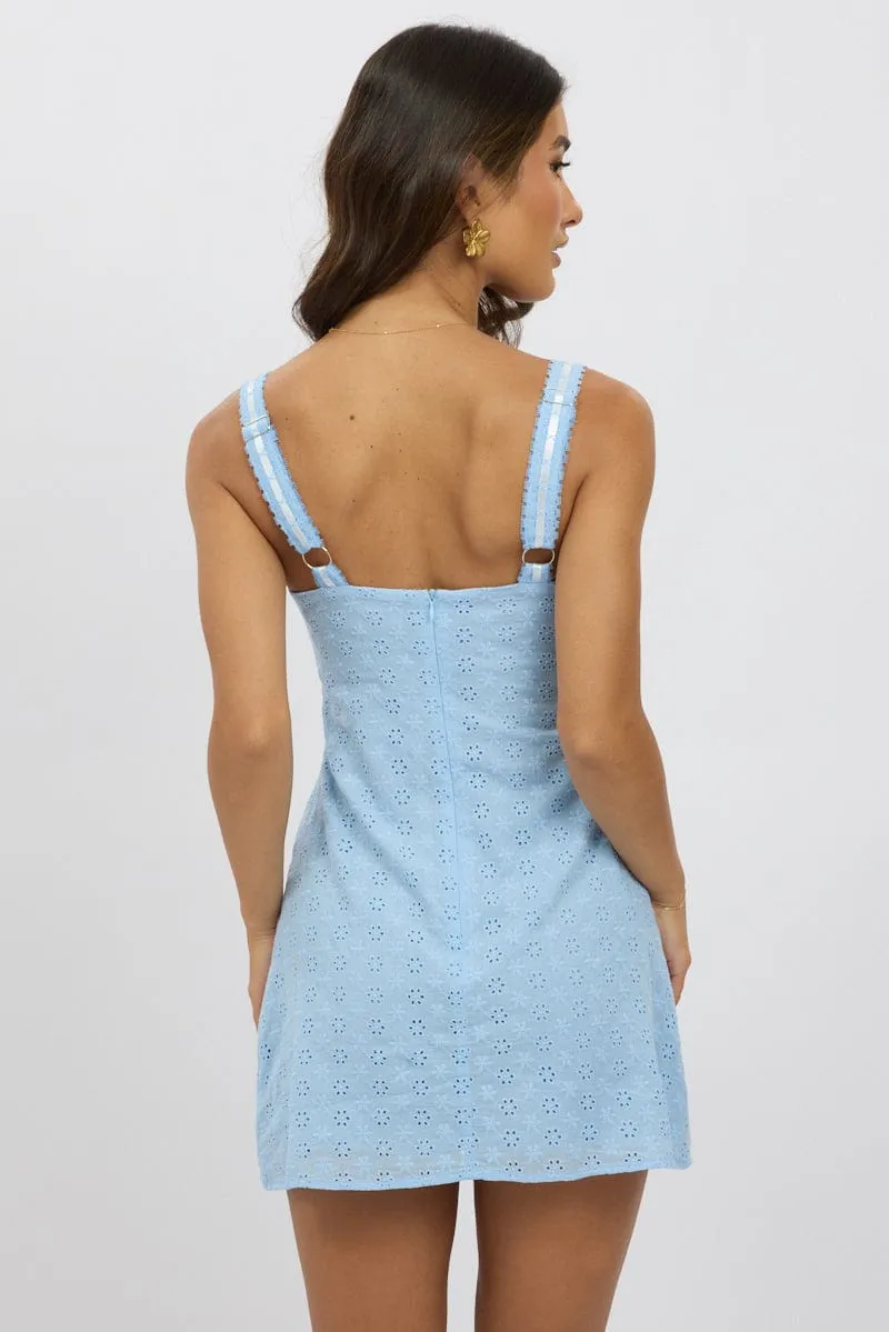 Blue Mini Dress Lace Trim Sleeveless Eyelet Fabric Chic Style Wear