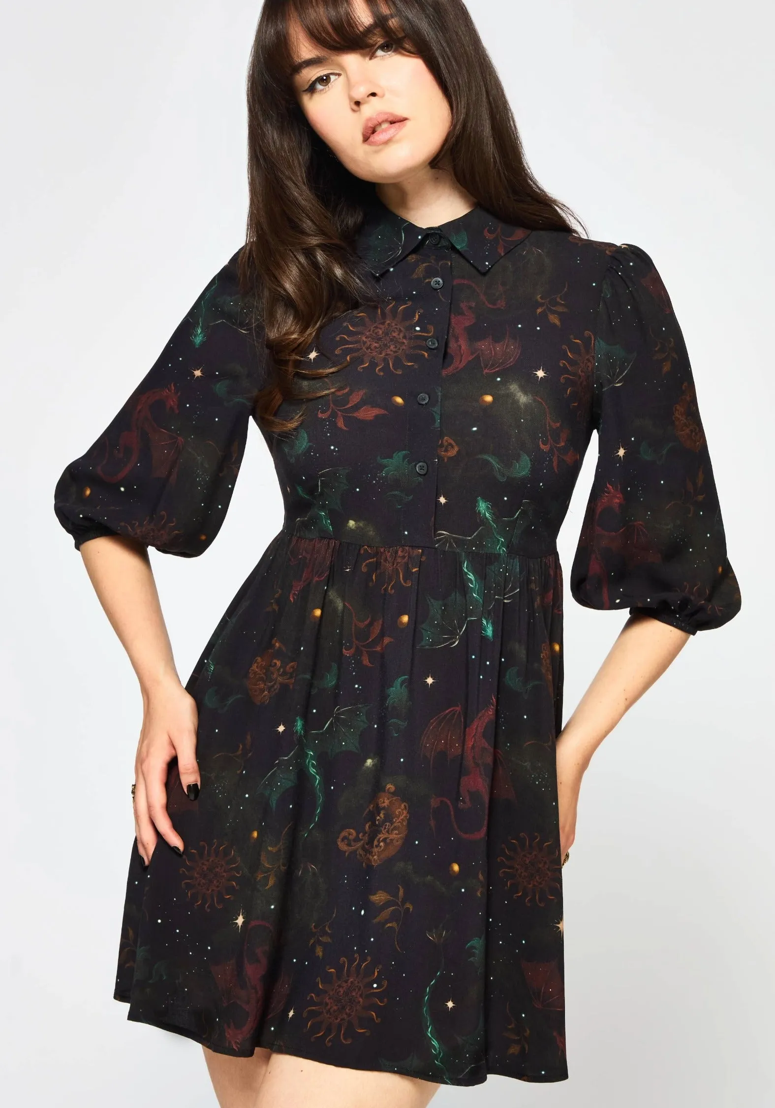 Phoenix Dragon Printed Mini Shirt Dress Cross Back Support Design