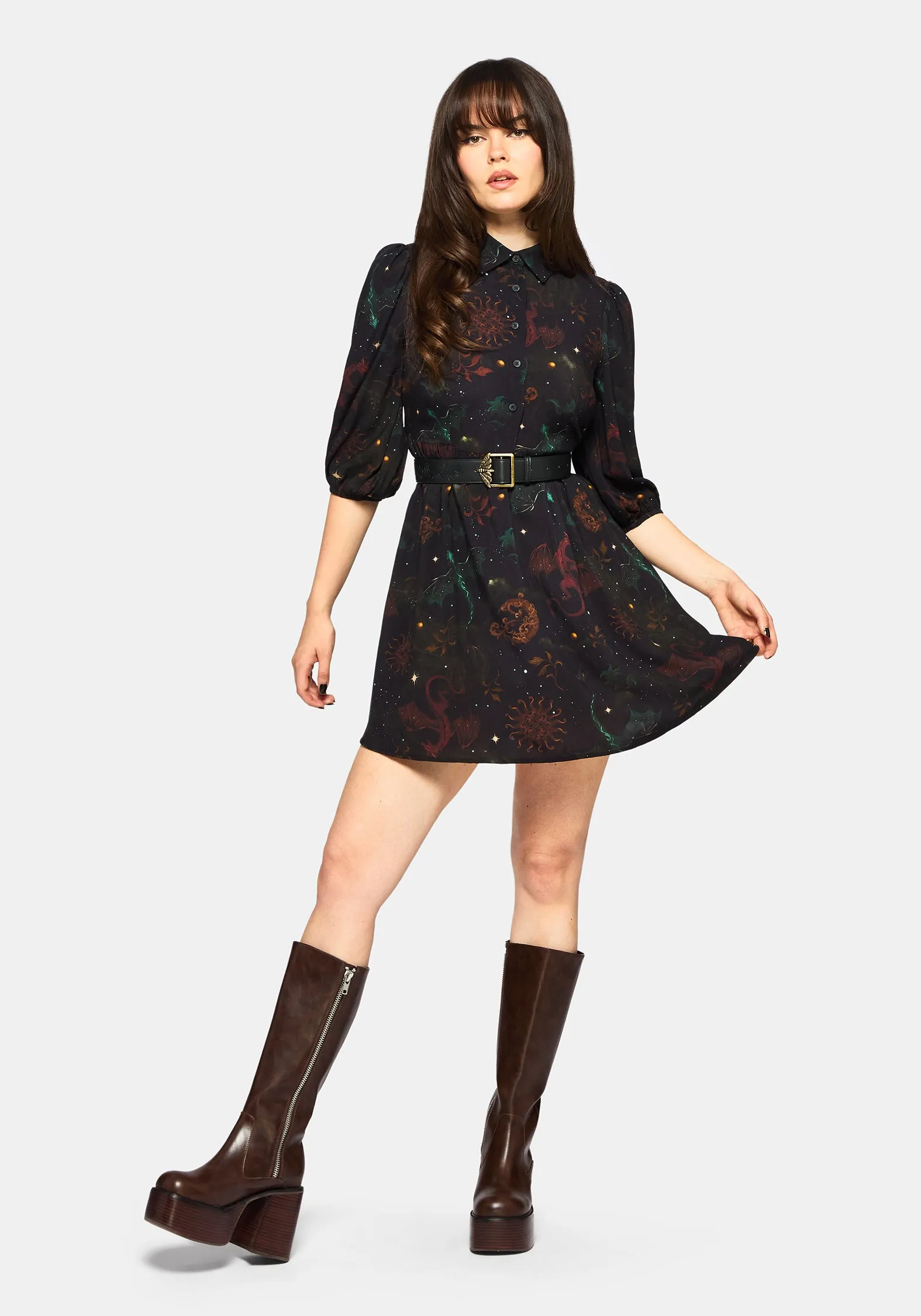 Phoenix Dragon Printed Mini Shirt Dress Vibrant patterned mini