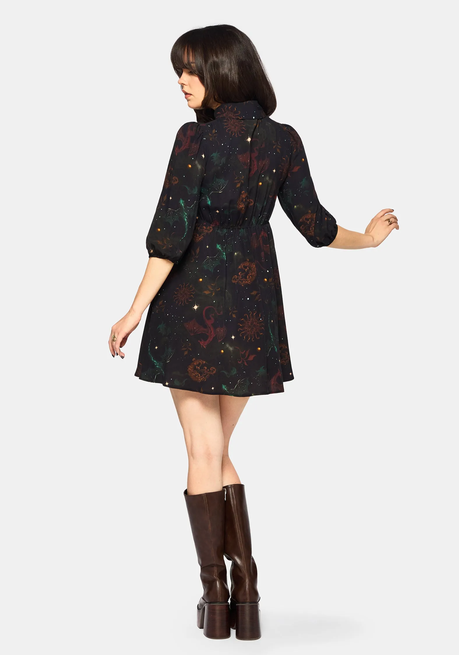 Phoenix Dragon Printed Mini Shirt Dress Flirty Design Relaxed Chic