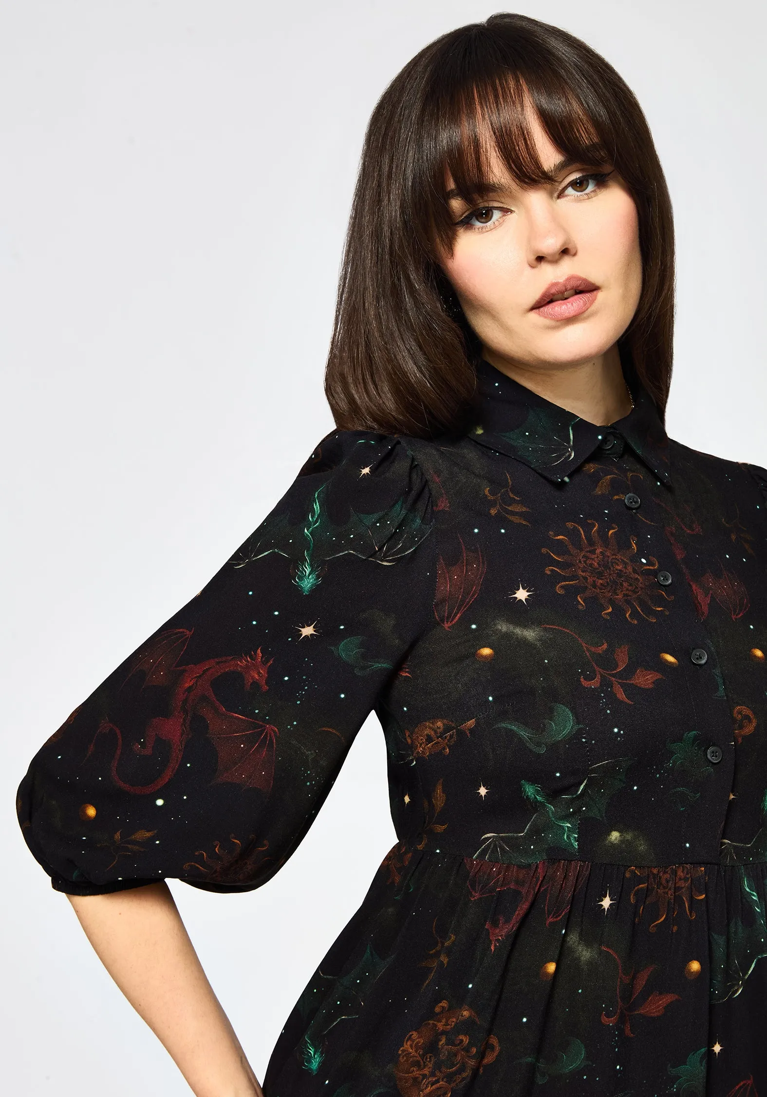 Phoenix Dragon Printed Mini Shirt Dress Light Fresh
