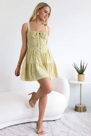 High Thread Count Cotton Flatlock Seams Yellow Ditsy Fit And Flare Dress Mini