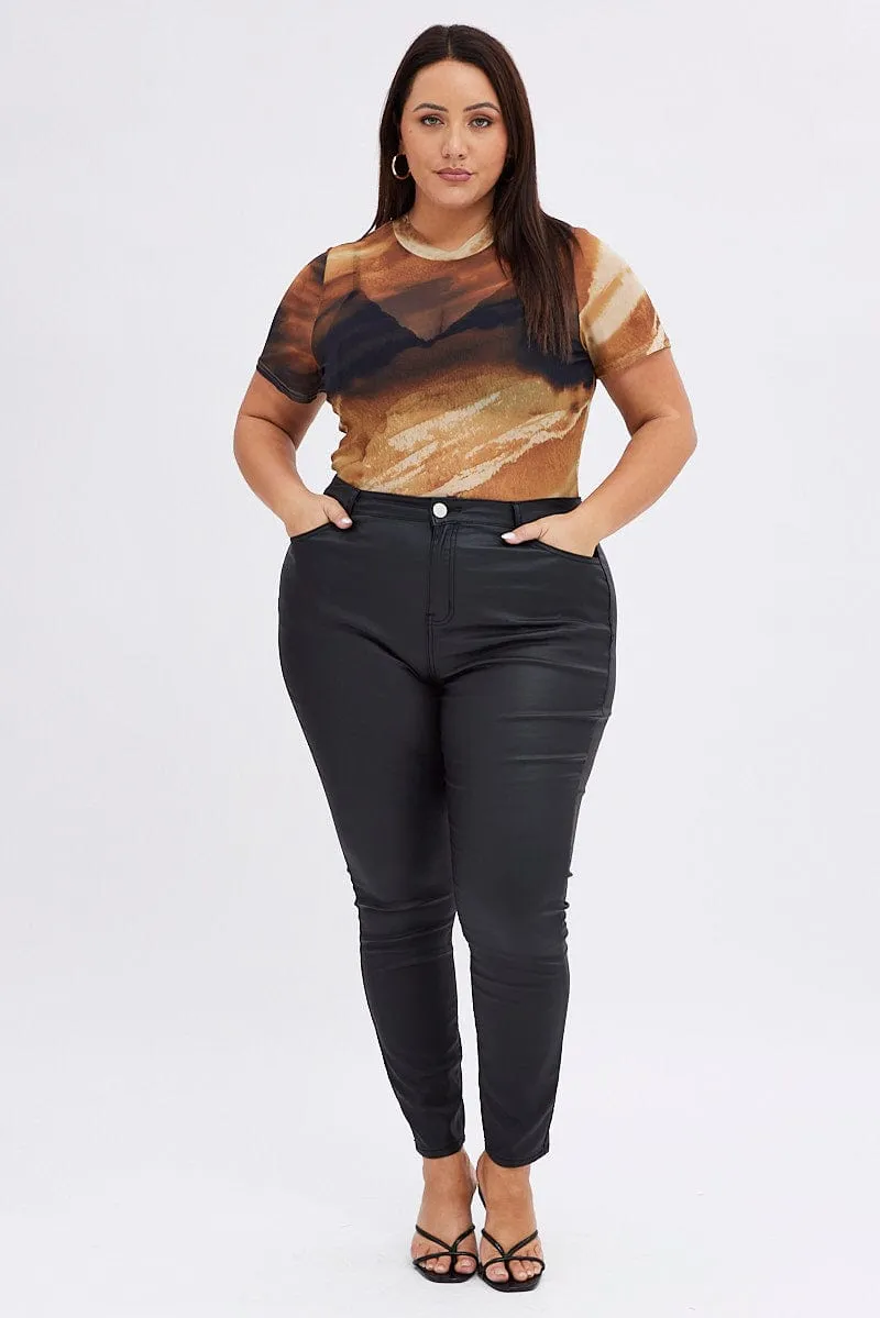 Black Wet Look Jeans High Rise Zero Waste Pattern Design Popular Style