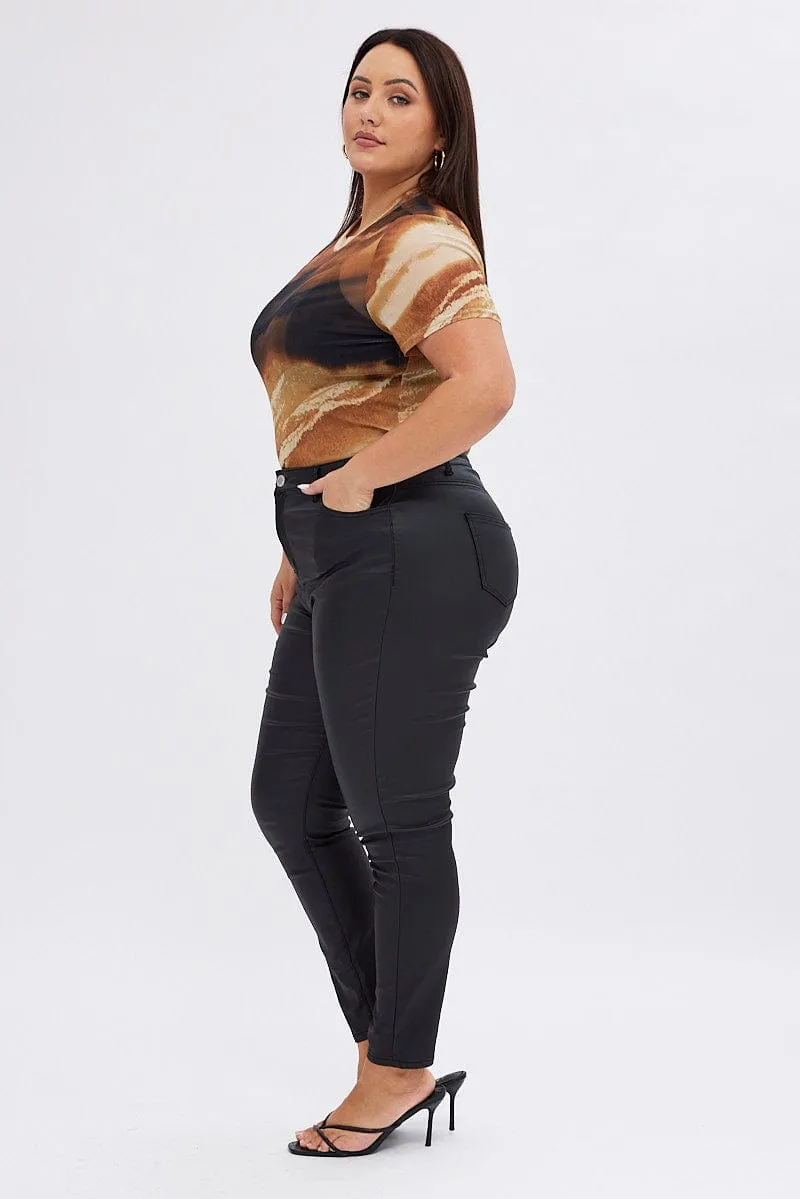 Layered Knee Panels Black Wet Look Jeans High Rise