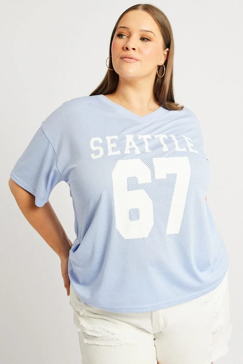 Summer Essential VintageWashEffect Blue Graphic T Shirt Short Sleeve