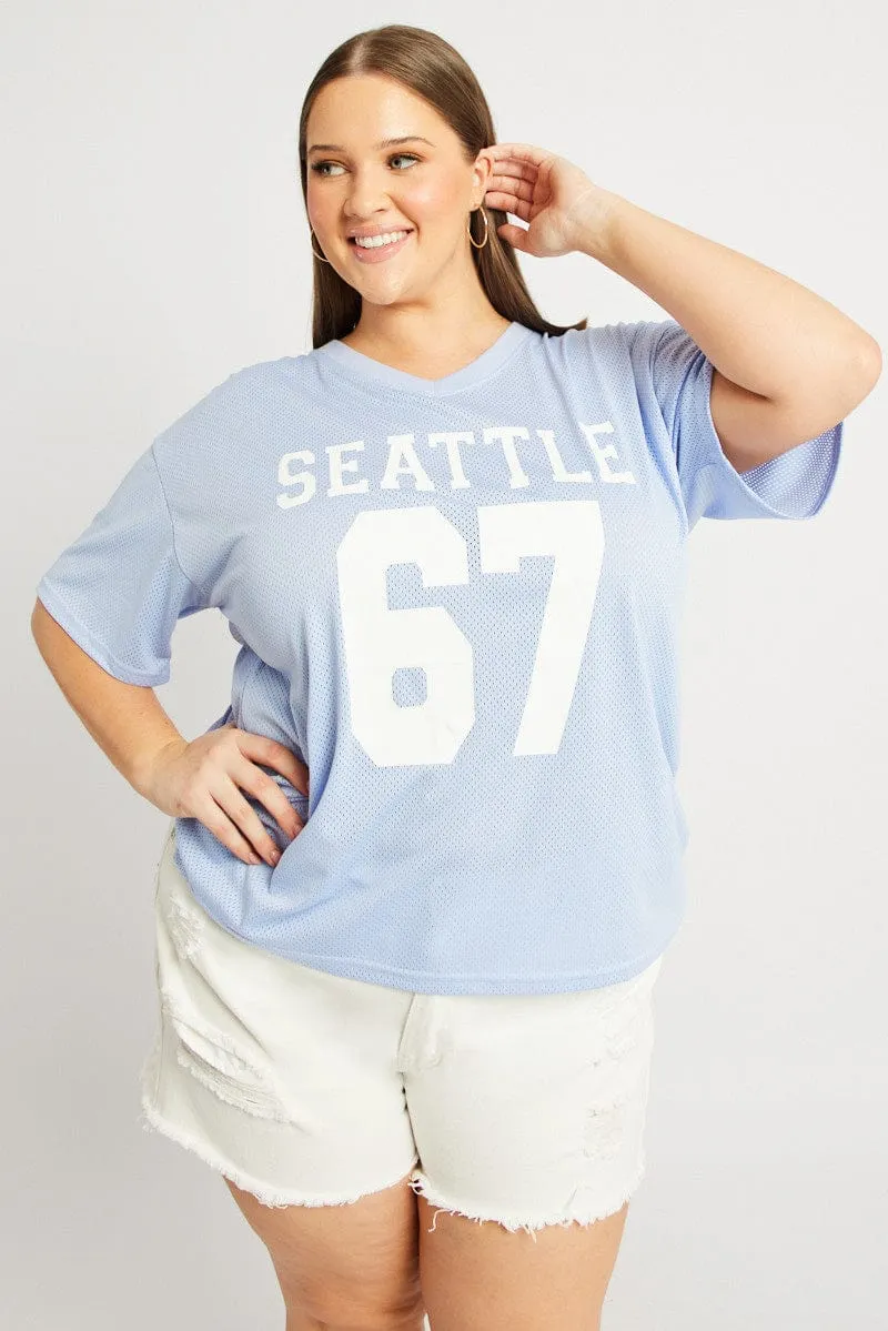 Blue Graphic T Shirt Short Sleeve Daily Style Trend Matte Look