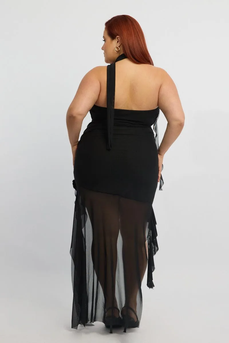 Black Scarf Neck Frill Mini Dress Stage Pop