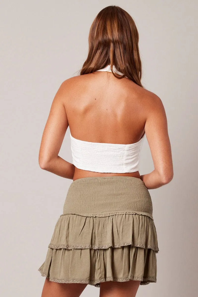 Resort Vacation A Line Silhouette Green Skater Skirt Smocking Waist Mini