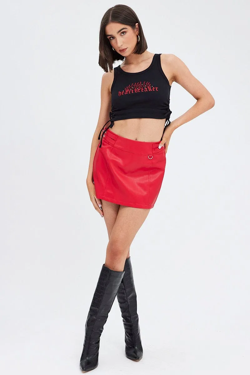 Stylish Vibe Red Faux Leather Skirt Mid Rise Mini Buckle Detail