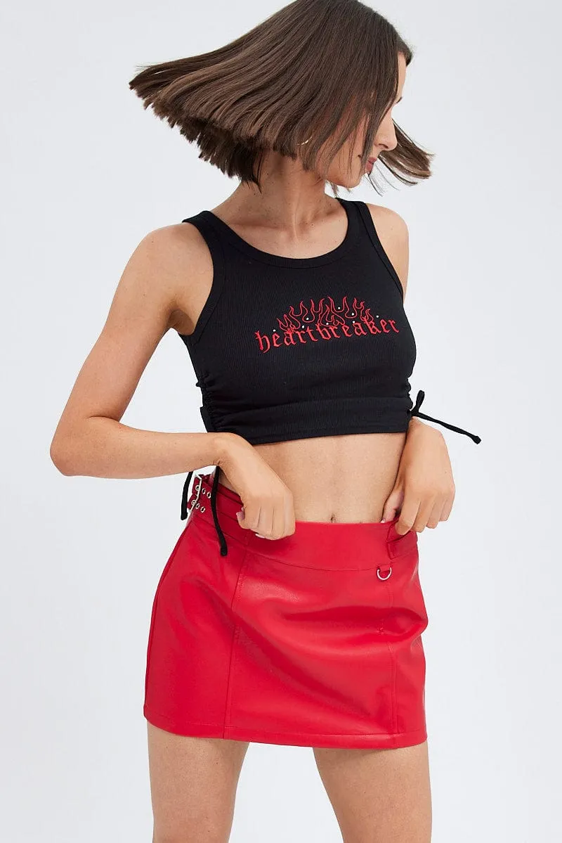Red Faux Leather Skirt Mid Rise Mini Buckle Detail Everyday Style Fashion Tones