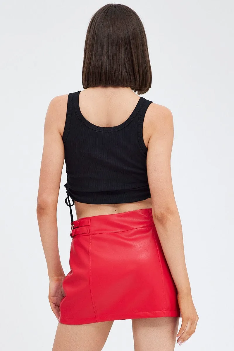 Red Faux Leather Skirt Mid Rise Mini Buckle Detail Tie Dye Style