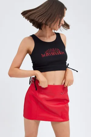 Red Faux Leather Skirt Mid Rise Mini Buckle Detail Everyday Style Fashion Tones