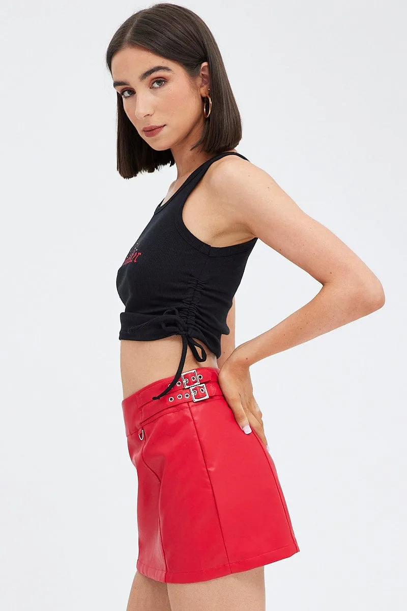 flowy silhouette Red Faux Leather Skirt Mid Rise Mini Buckle Detail