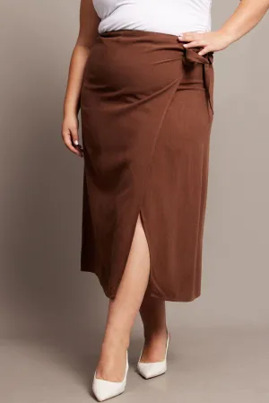 Flexible Material Fresh Fit Brown Faux Wrap Linen Blend Midi Skirt