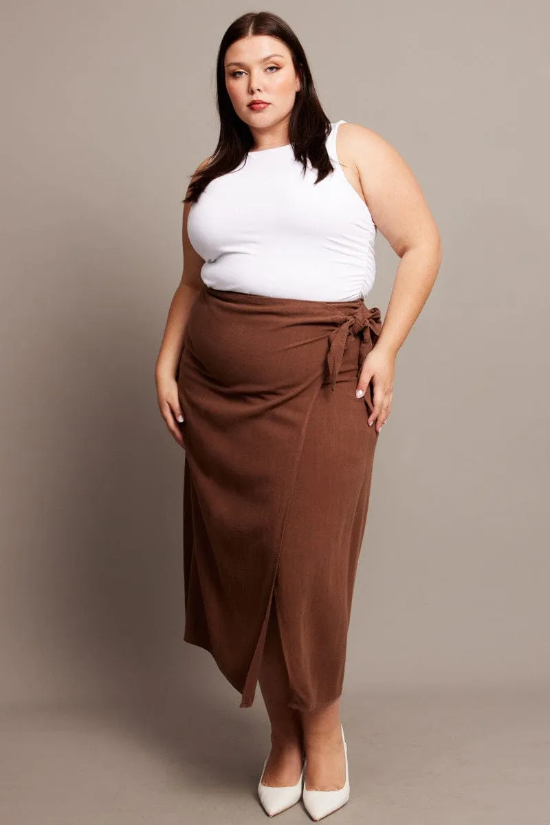 Brown Faux Wrap Linen Blend Midi Skirt Double Layer Construction Reinforced Seams