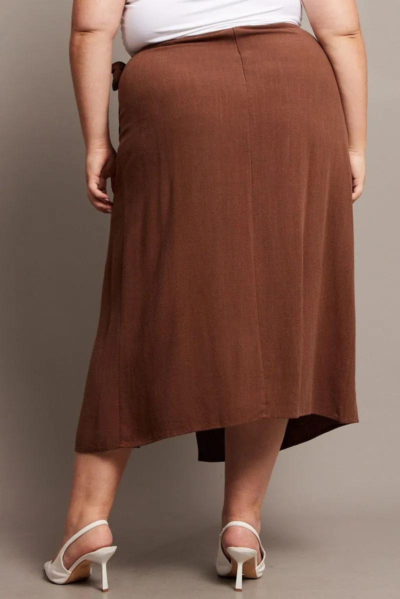 Handmade Item Brown Faux Wrap Linen Blend Midi Skirt
