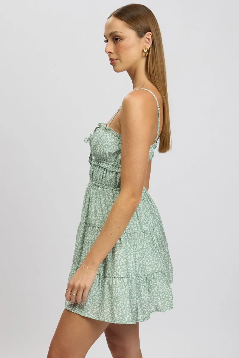 Classic Look Flexible Joints Green Ditsy Fit And Flare Dress Cut Out