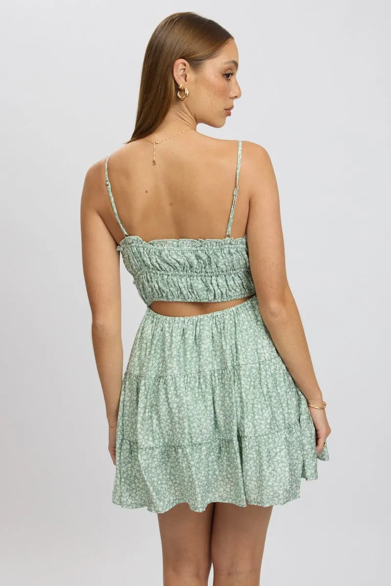 Romance Fit Green Ditsy Fit And Flare Dress Cut Out