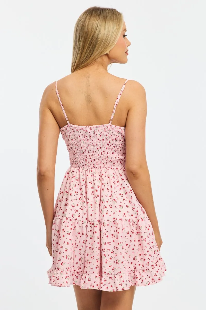 Pink Ditsy Fit And Flare Dress Mini Short playful dress for vacations Vibrant Design